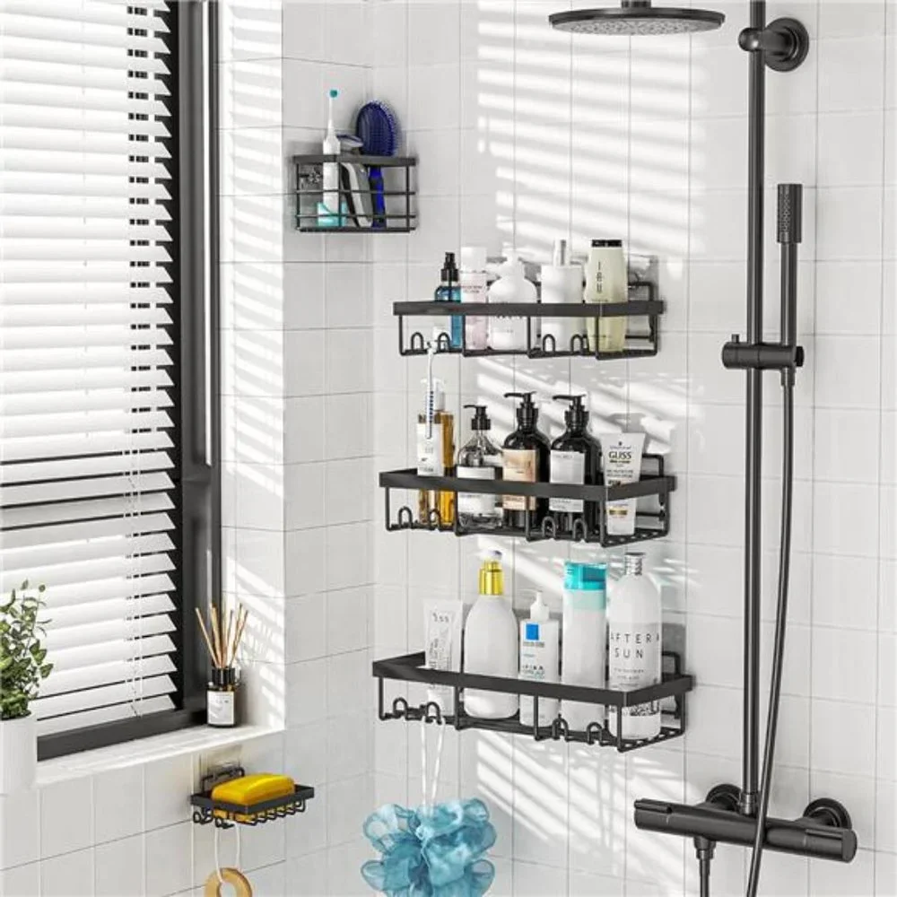 5 Pack Shower Caddy Shelf Organizers Rack, Self Adhesive Black Bathroom Storage